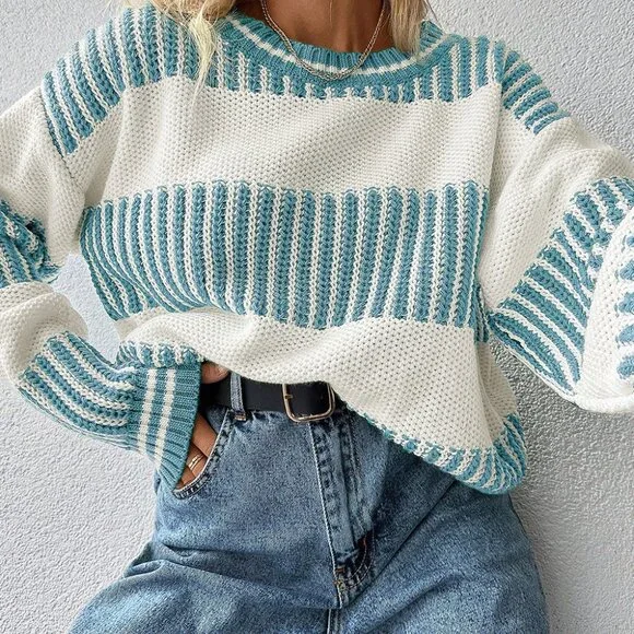 B328 Light Blue Two Tone Striped Patchwork Drop Shoulder Loose Sweater - Picture 2 of 6